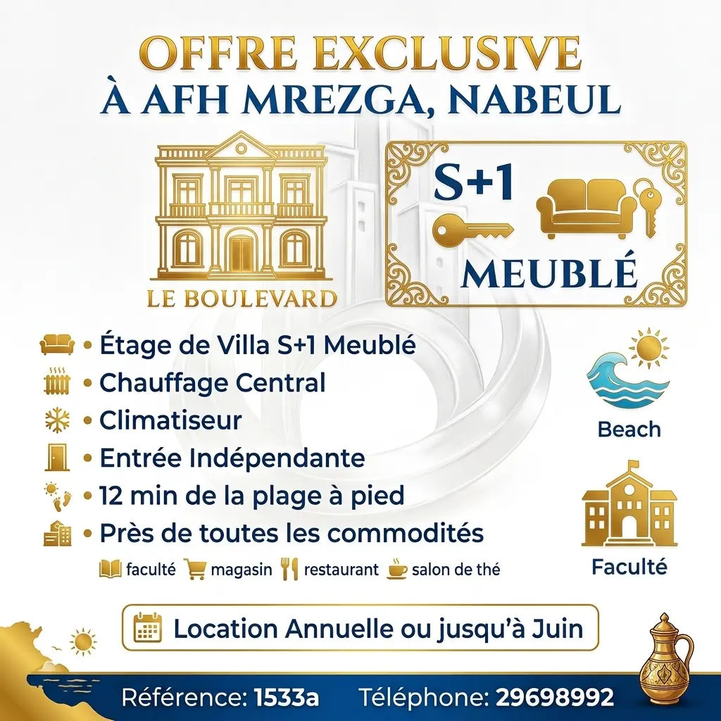 A Louer Etage De Villa S+1 Meublé à AFH Mrezga, Nabeul, صورة 1